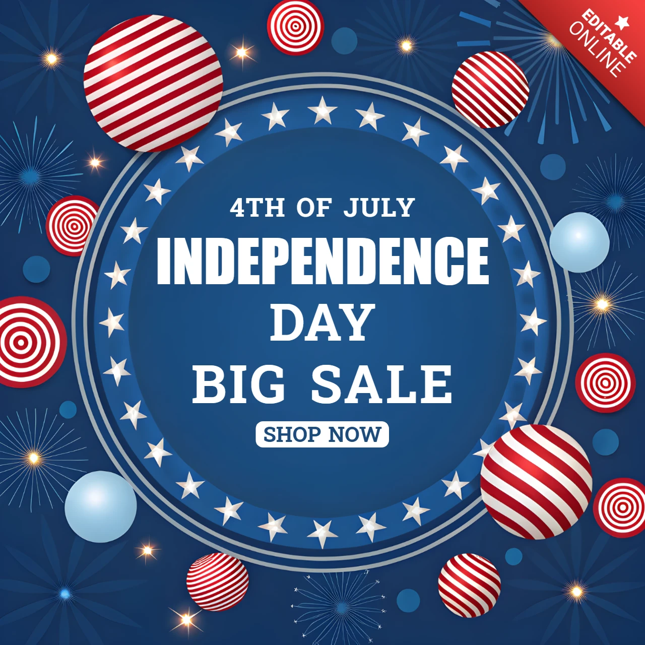 Independence Day Sale Design Template with Patriotic Elements and Fireworks