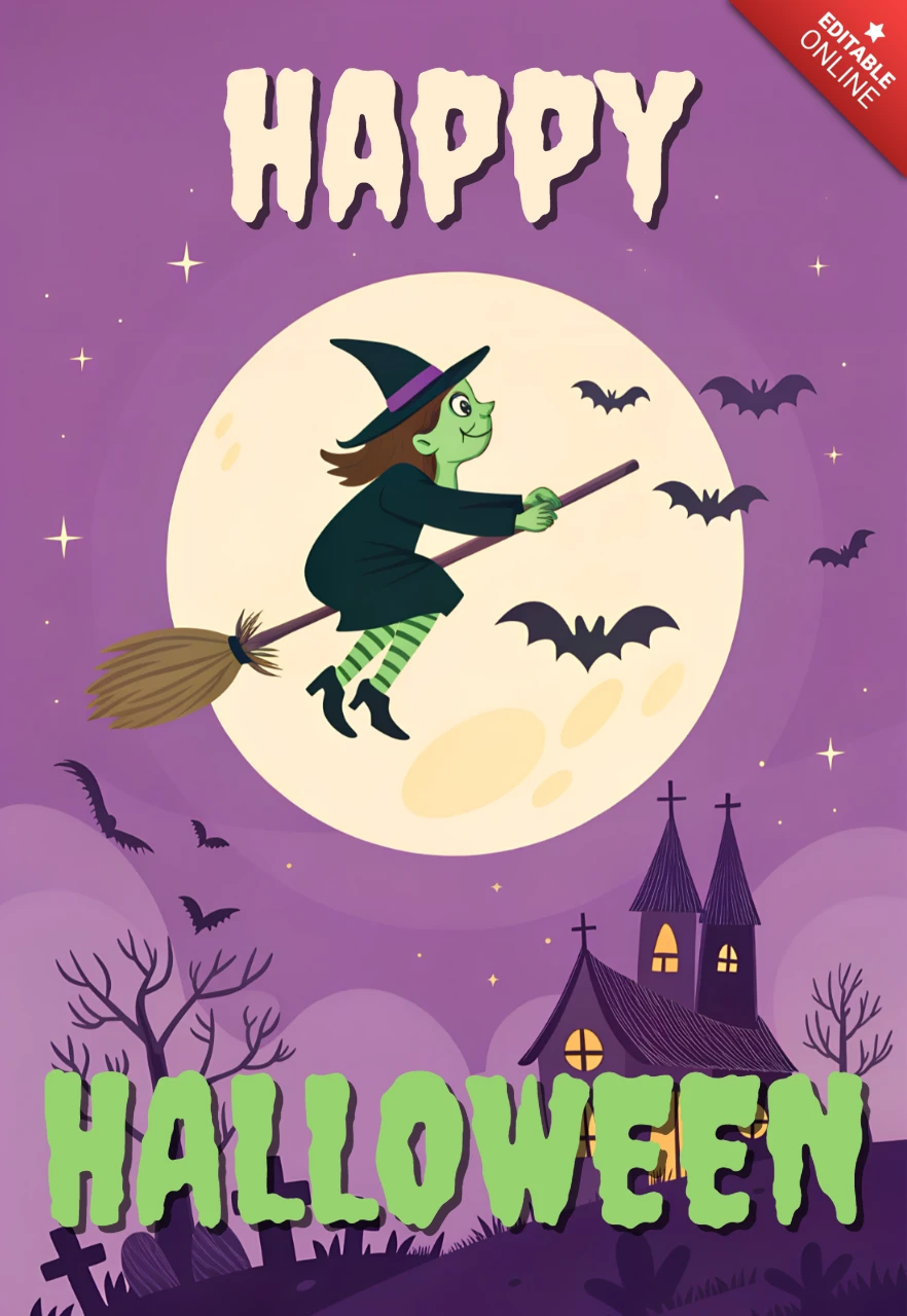 Modello di design per biglietti di auguri con strega di Halloween giocosa