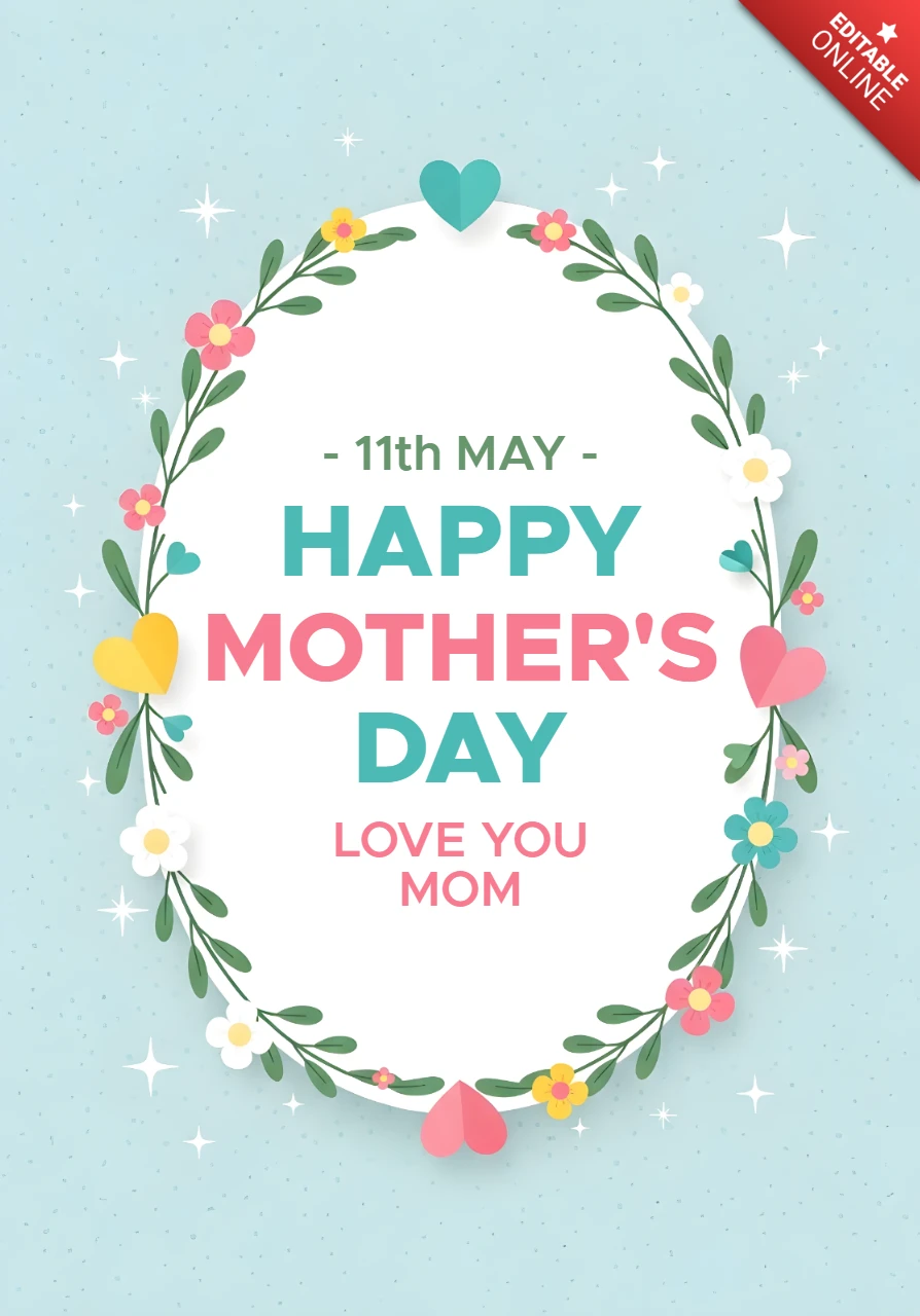 Floral Mother's Day Greeting Card Template Design with Heart Elements