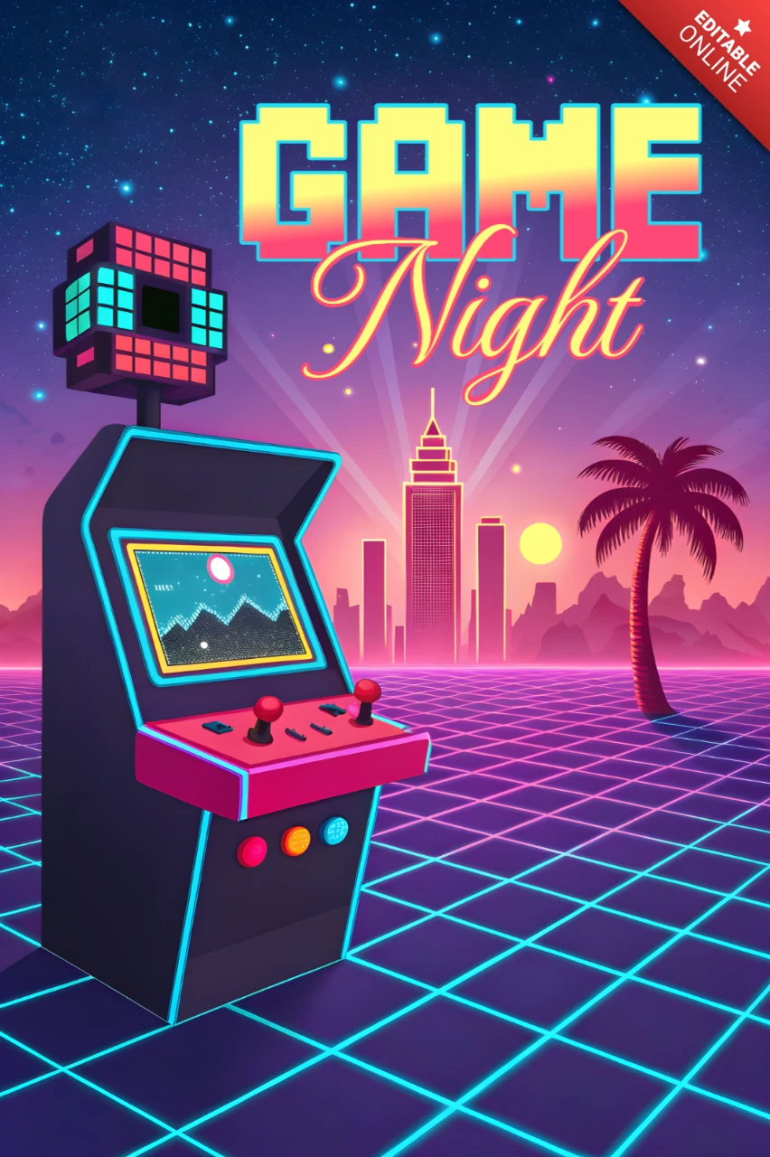 Modèle de design d'affiche pour une soirée de jeux d'arcade rétro