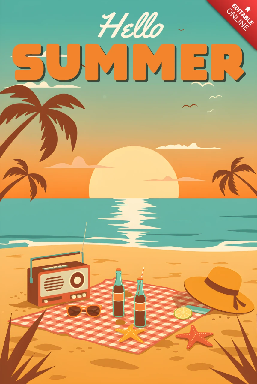 Summer Beach Party Design Template with Retro Elements for Posters