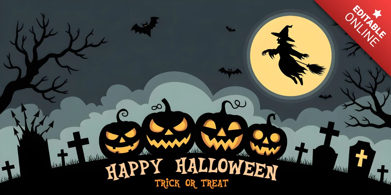 Spooky Halloween-Nacht, verfluchter Friedhof, verdrehte Bäume & Halloween-Süßes oder Saures Facebook-Cover-Design-Vorlage
