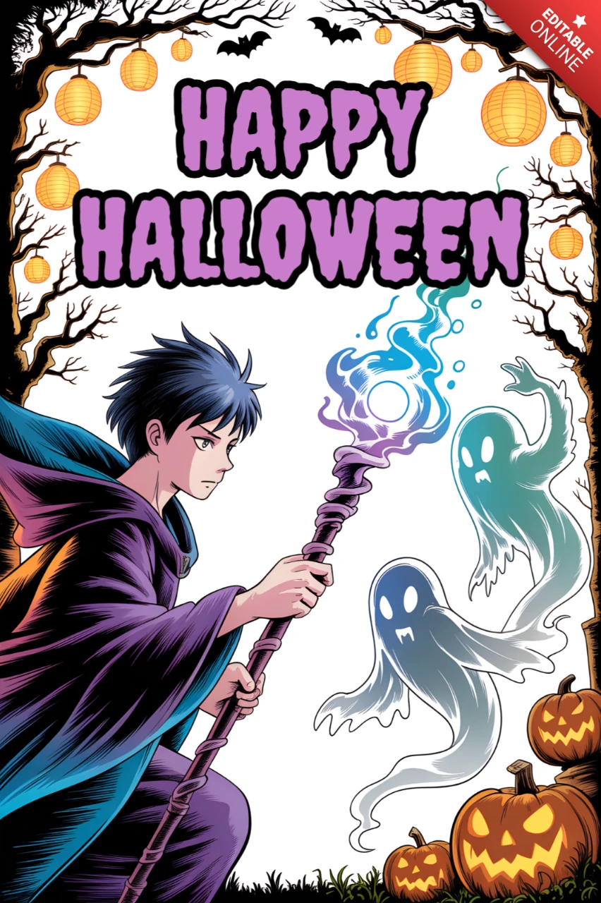 Spooky Halloween Anime-Designvorlage mit Geistern und Zauberer für Partyeinladungen