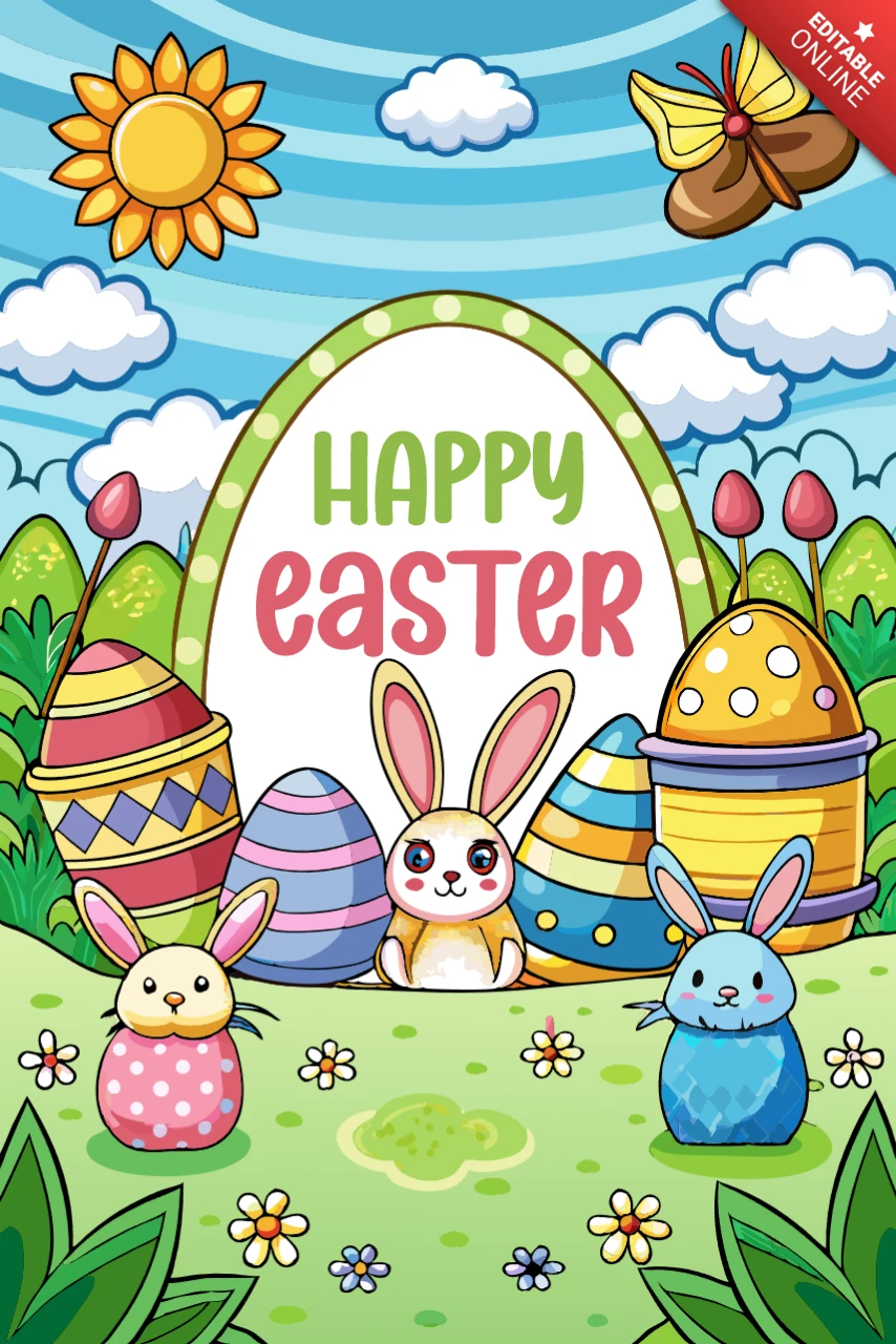 Whimsical Easter Design Template with Cute Bunnies and Colorful Eggs