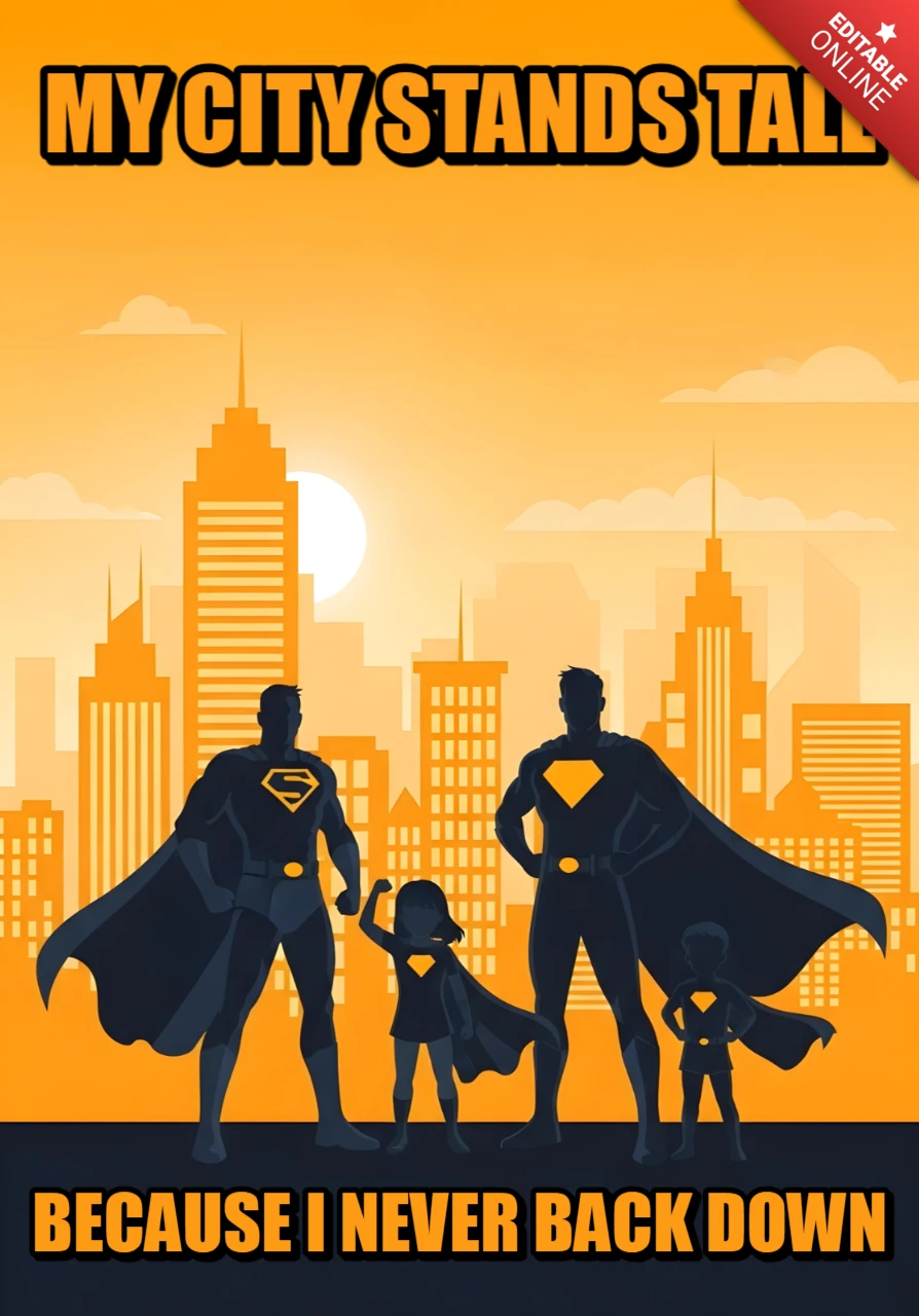 Städtischer Heldenfamilie Sonnenuntergang Skyline mit fettem Zitat & Superheldensilhouetten Posterdesign-Vorlage