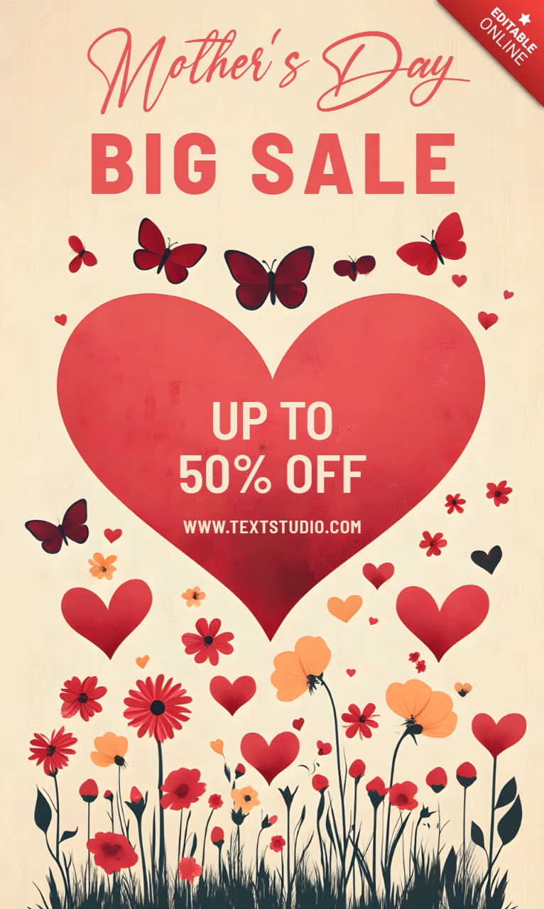Mother's Day Floral Design Template with Heart and Butterfly Elements