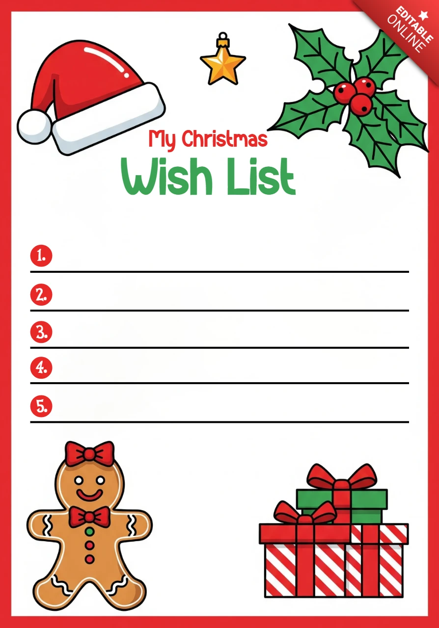 Urlaubs-Wunschliste-Vorlage Weihnachtsbriefpapier mit Stechpalme, Sternornament und Lebkuchenfigur
