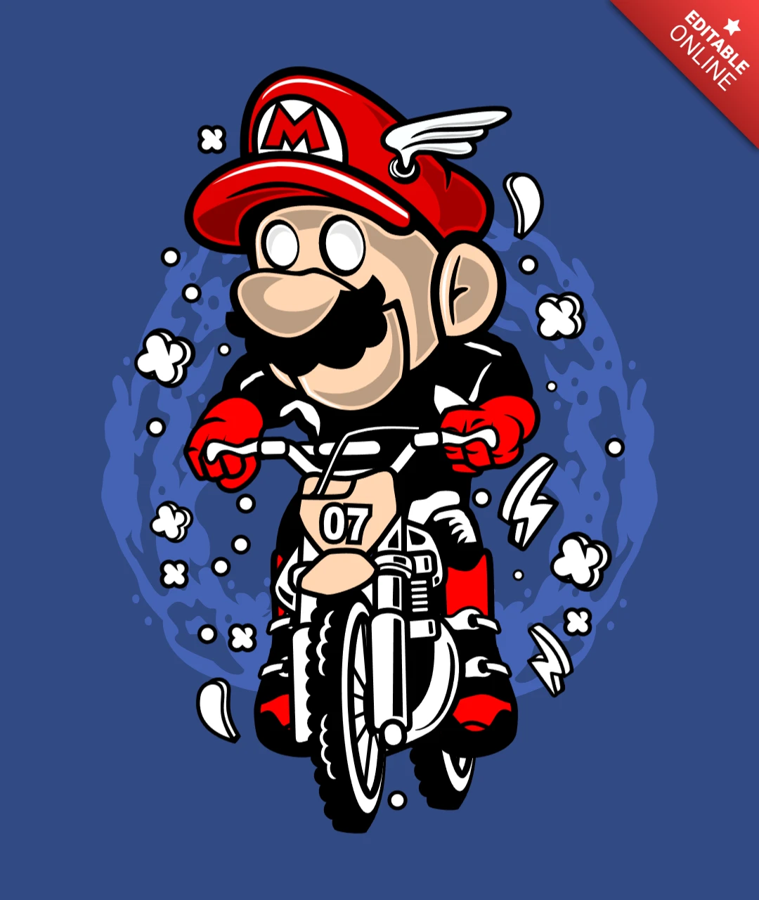 Plantilla de diseño de camiseta de cultura pop con caricatura de motociclista Mario