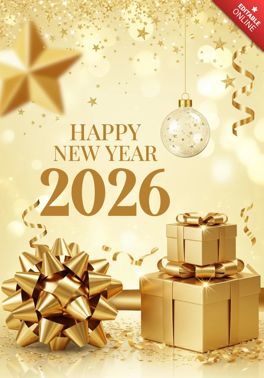 Happy New Year 2026 Greeting Card Golden Theme with Stars, Ornament & Gift Boxes on Glowing Background