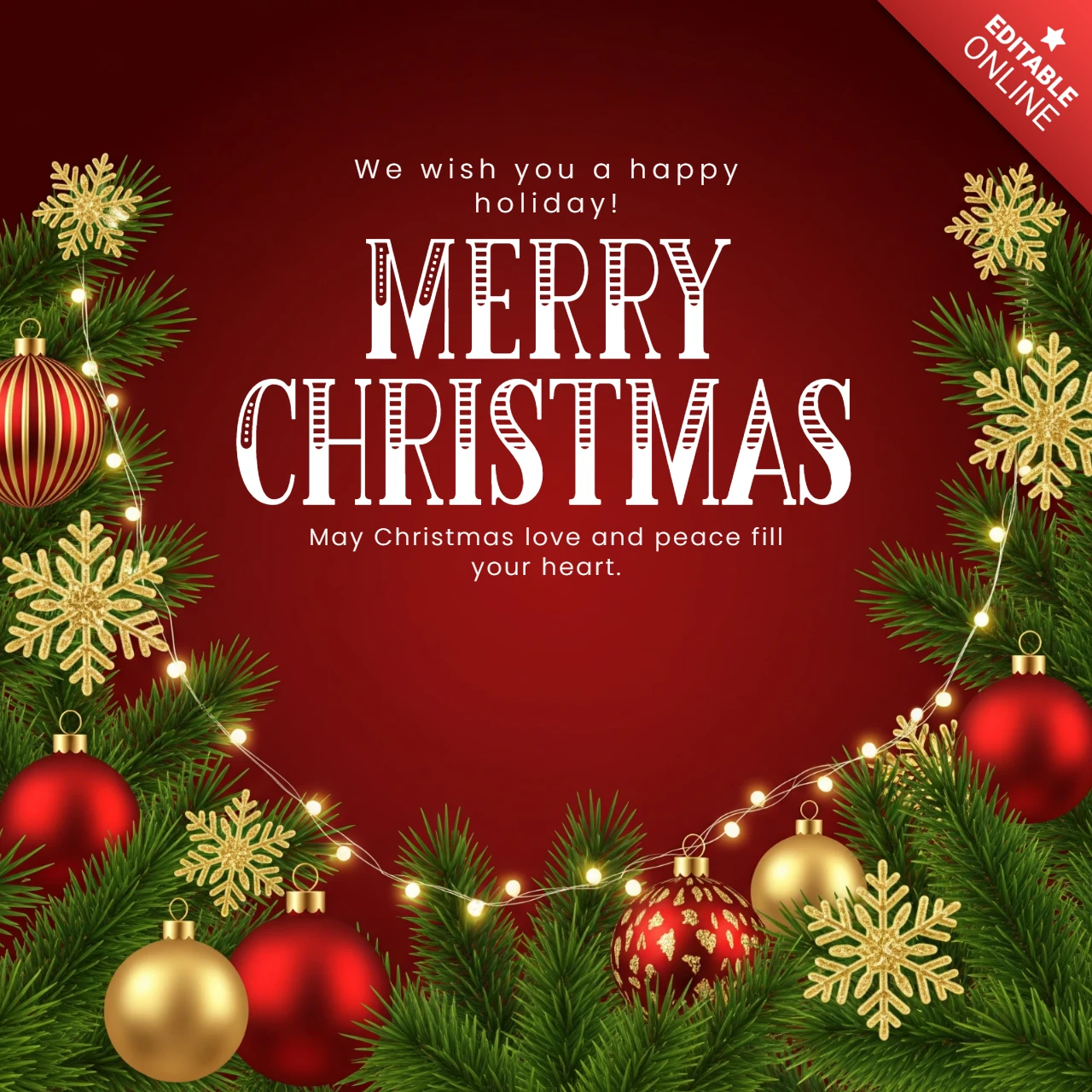 Tat holiday sezonu kartı, çam dalları ve süslemelerle çerçevelenmiş, mutlu noel ve sevgi dolu mesaj tasarım şablonu.