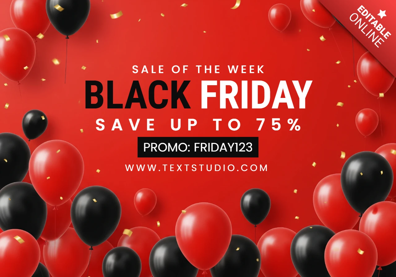 Elegantes Black Friday Verkaufsdesign mit Feierballons und goldenem Konfetti auf schwarzem Hintergrund, Vorlage für Werbeflyer.