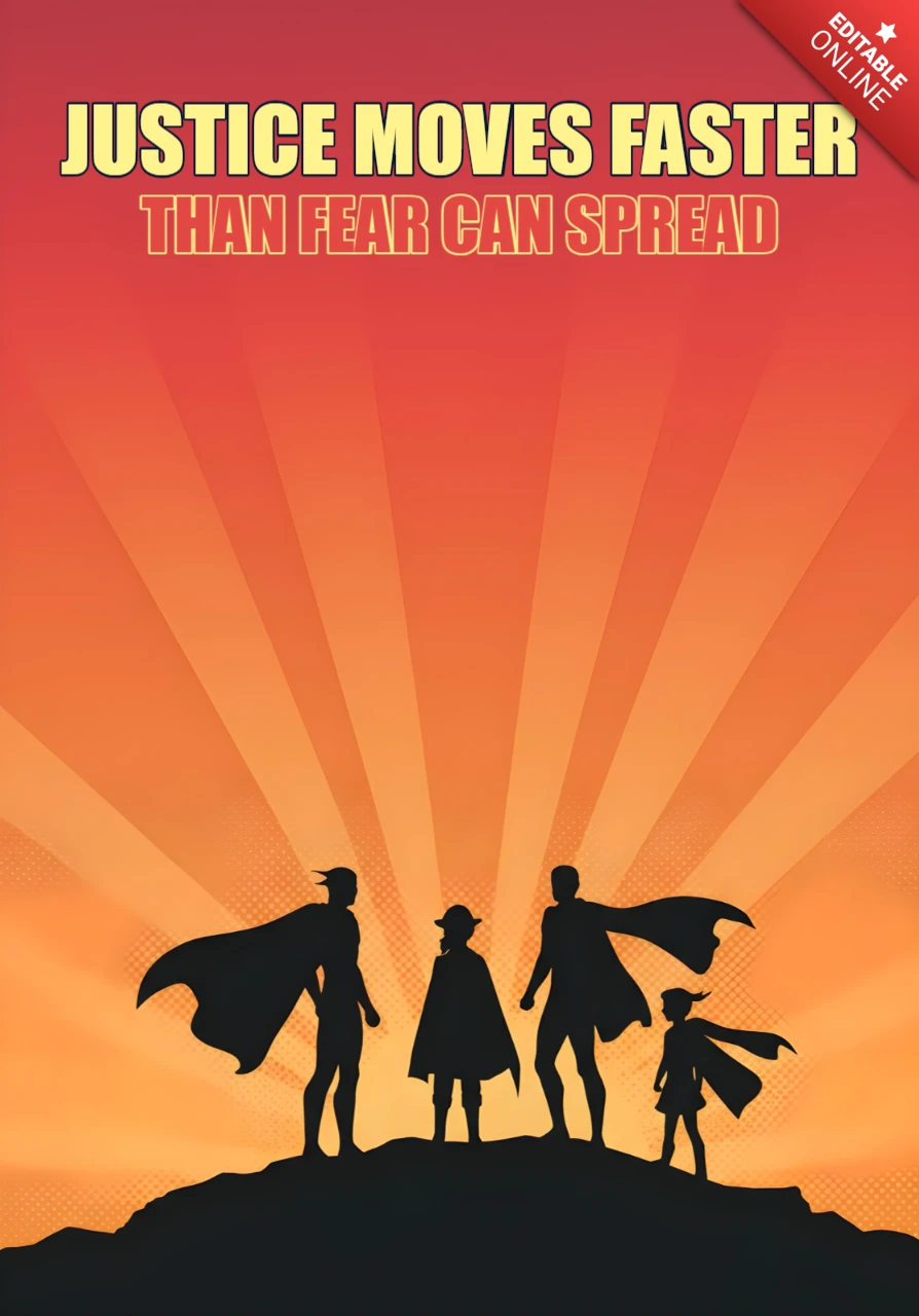 Gerechtigkeitsquartett heroische Silhouetten gegen feurigen Himmel mit mutigem Zitat Plakatdesign-Vorlage