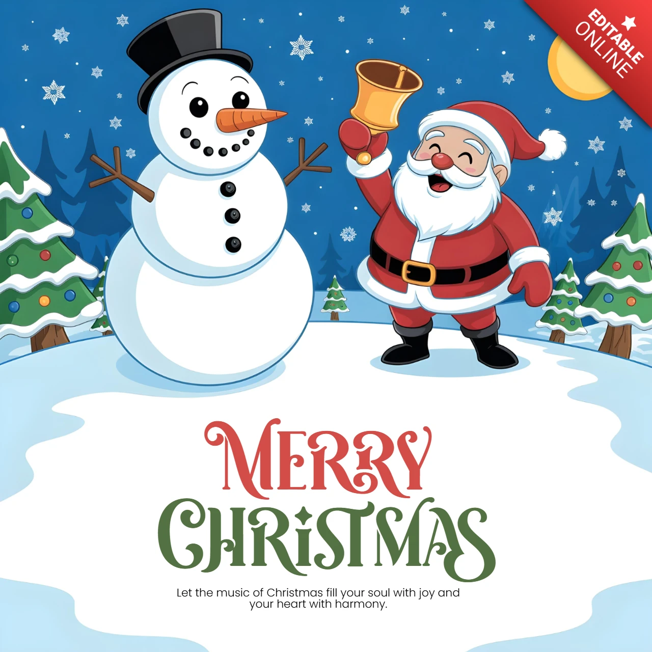 Pôster de Natal feliz com papai noel, sino e boneco de neve em cena de inverno iluminada por estrelas com árvores de pinho decoradas, modelo de design.