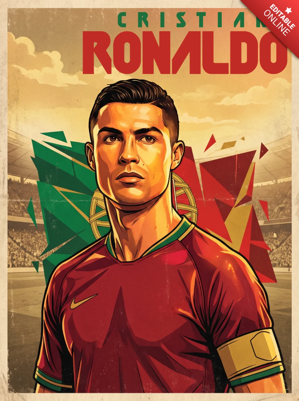 Poster vintage di Cristiano Ronaldo capitano del Portogallo – opera d'arte calcistica retrò con i colori nazionali, tifosi dello stadio e arte murale nostalgica