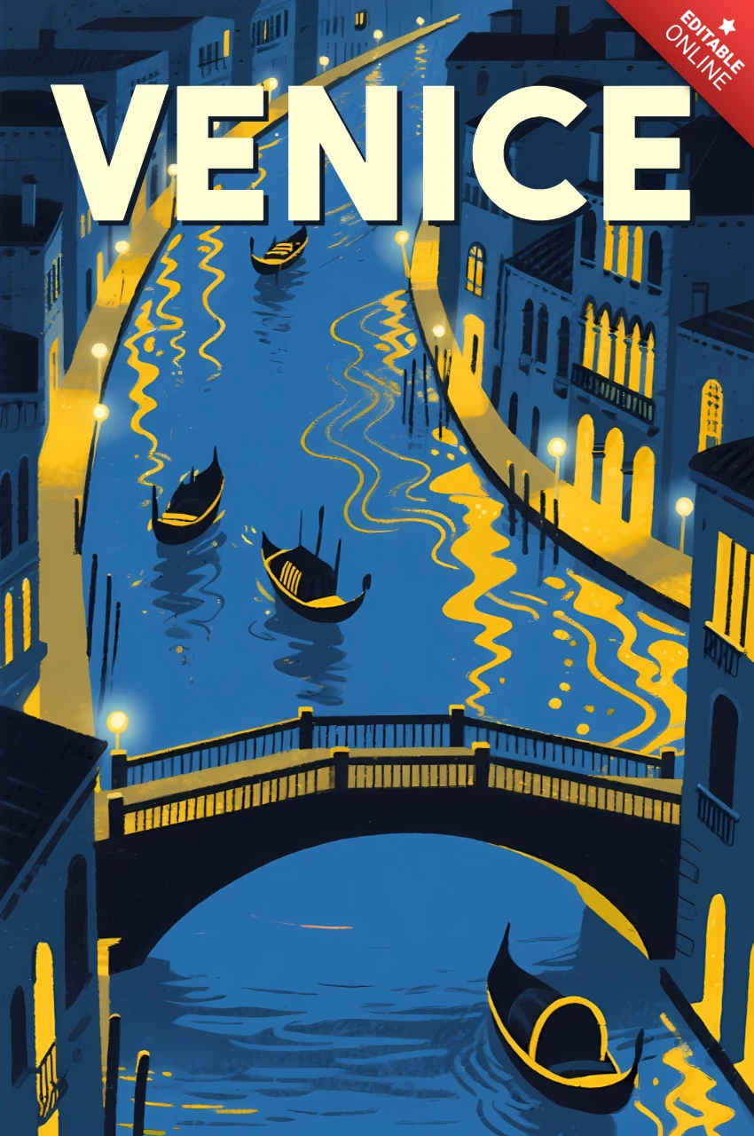 Gondoles de Venise la nuit illustration rétro plate pour modèle d'affiches de voyage