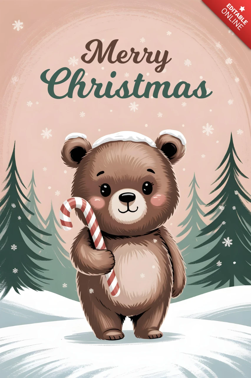 Christmas Card Design Festive Bear with Candy Cane and Trees Framed by Snowflakes and Soft Colors