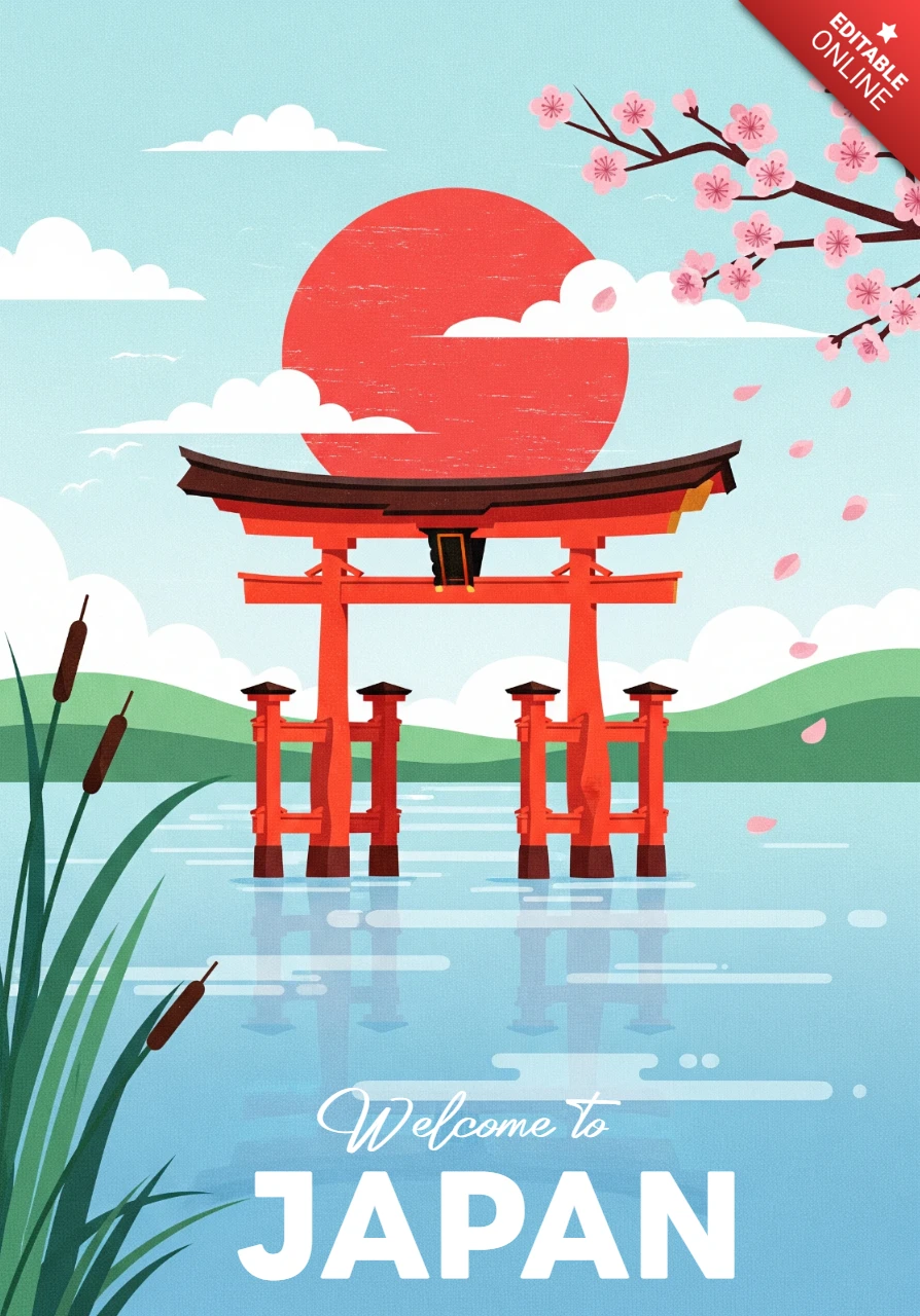 Bem-vindo ao Japão pôster portão torii na água com sol vermelho e flores de cerejeira
