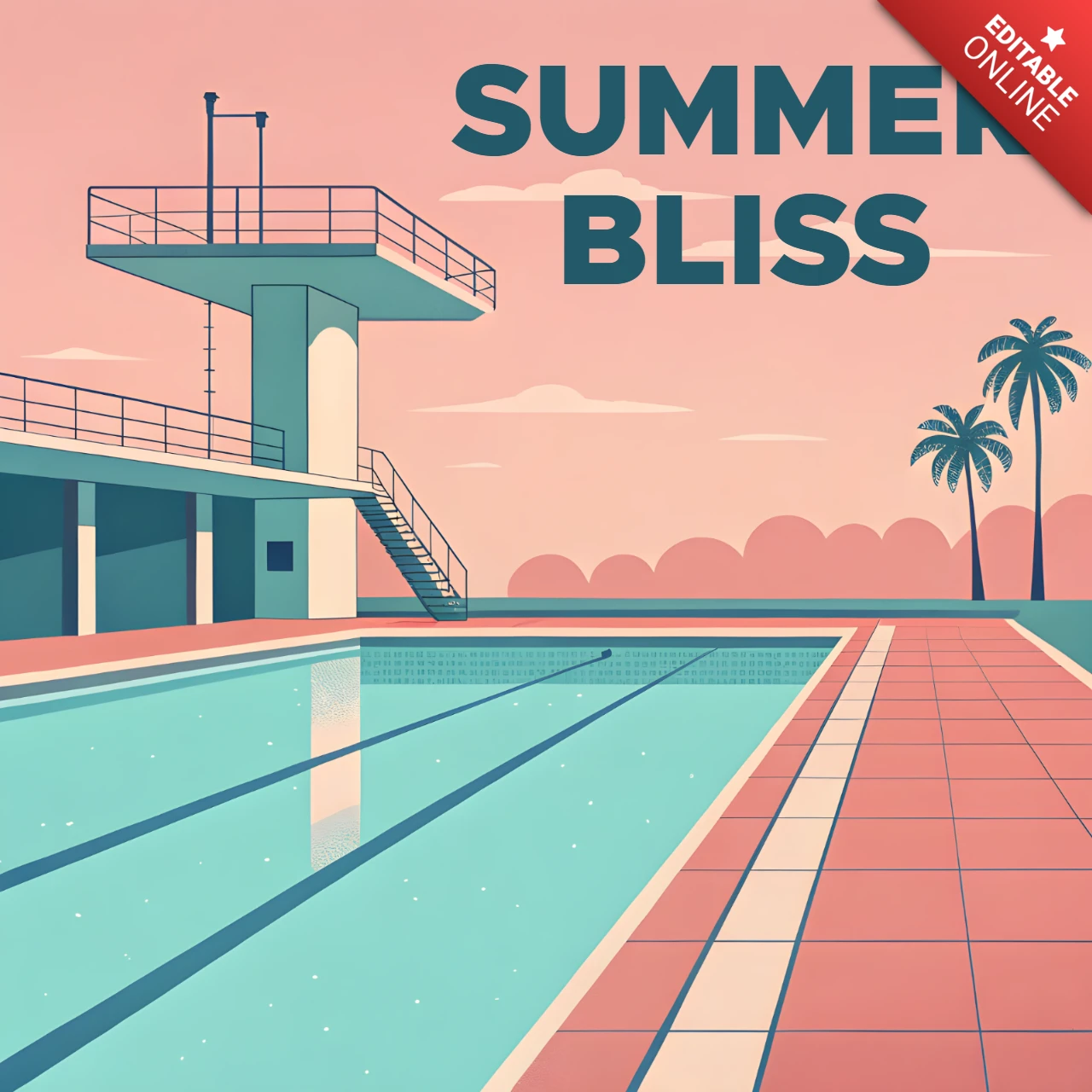 Summer Bliss Poolside Illustration Template for Retro Flat Posters