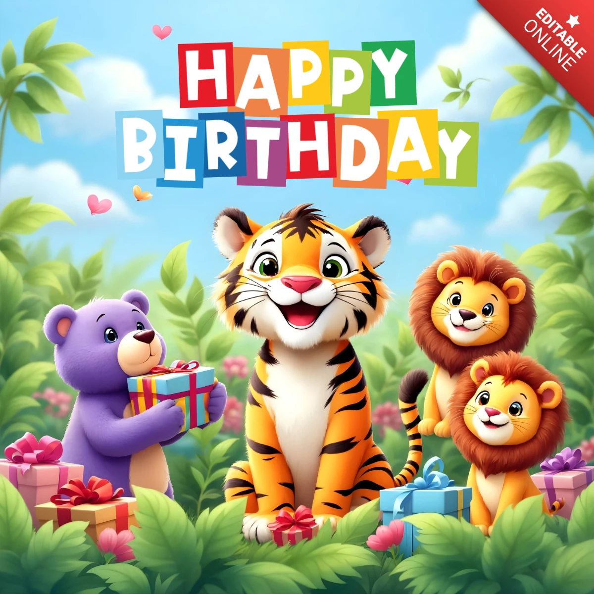 Vibrant Jungle Themed Birthday Party Design Template with Cartoon Animals