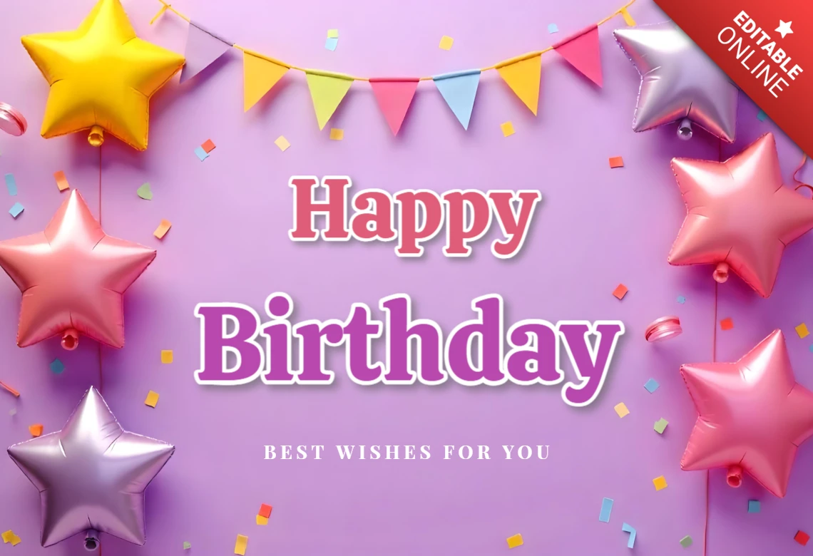 Plantilla de diseño de tarjeta de feliz cumpleaños con banderines de colores y globos de estrellas