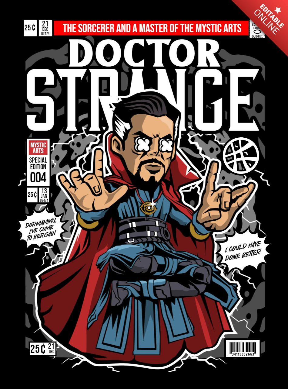 Dr Strange Cartoon Character Magazine Cover Design Template
