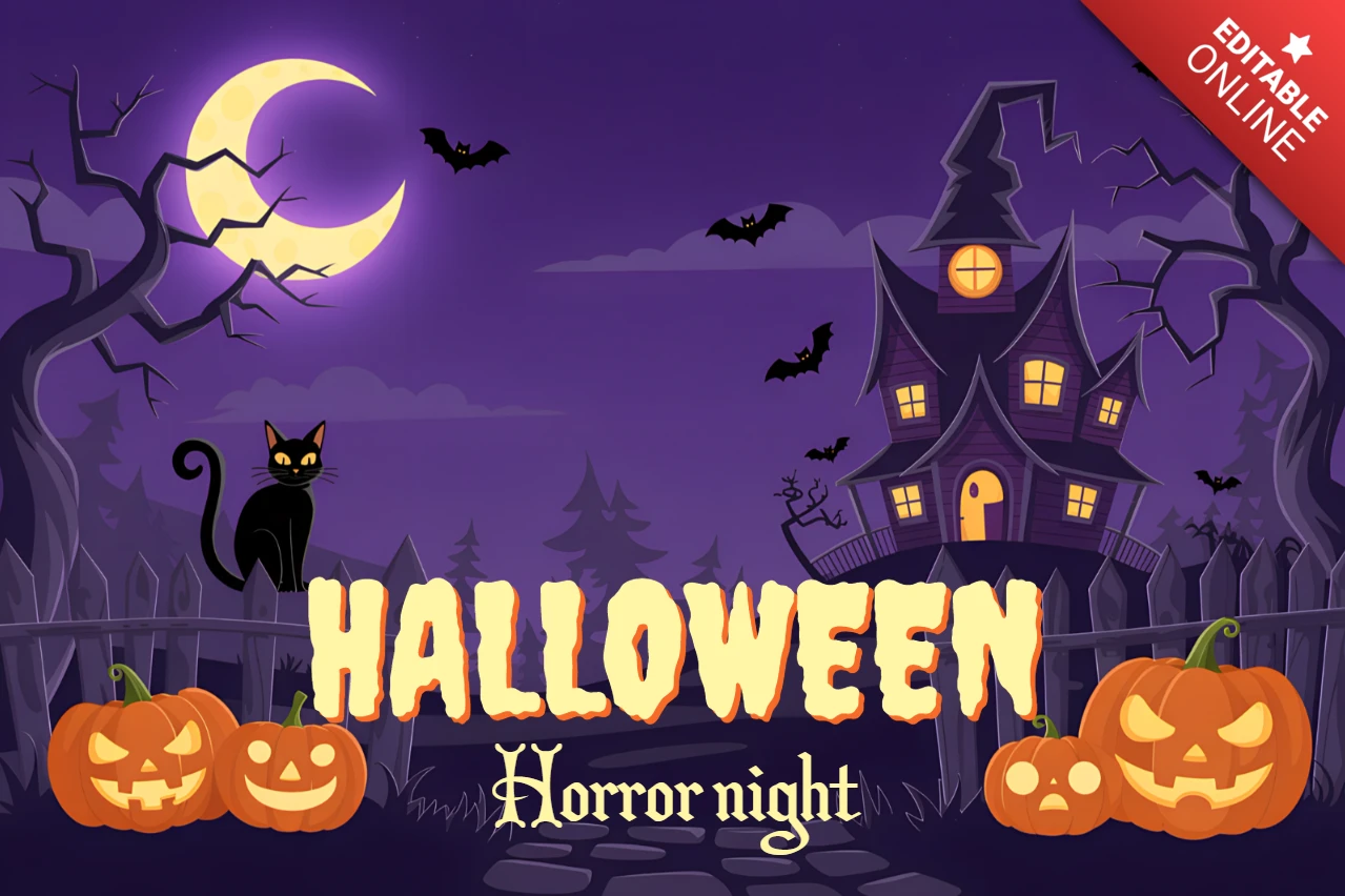 Spooky Halloween Design Template for Posters Featuring Haunted House and Pumpkins