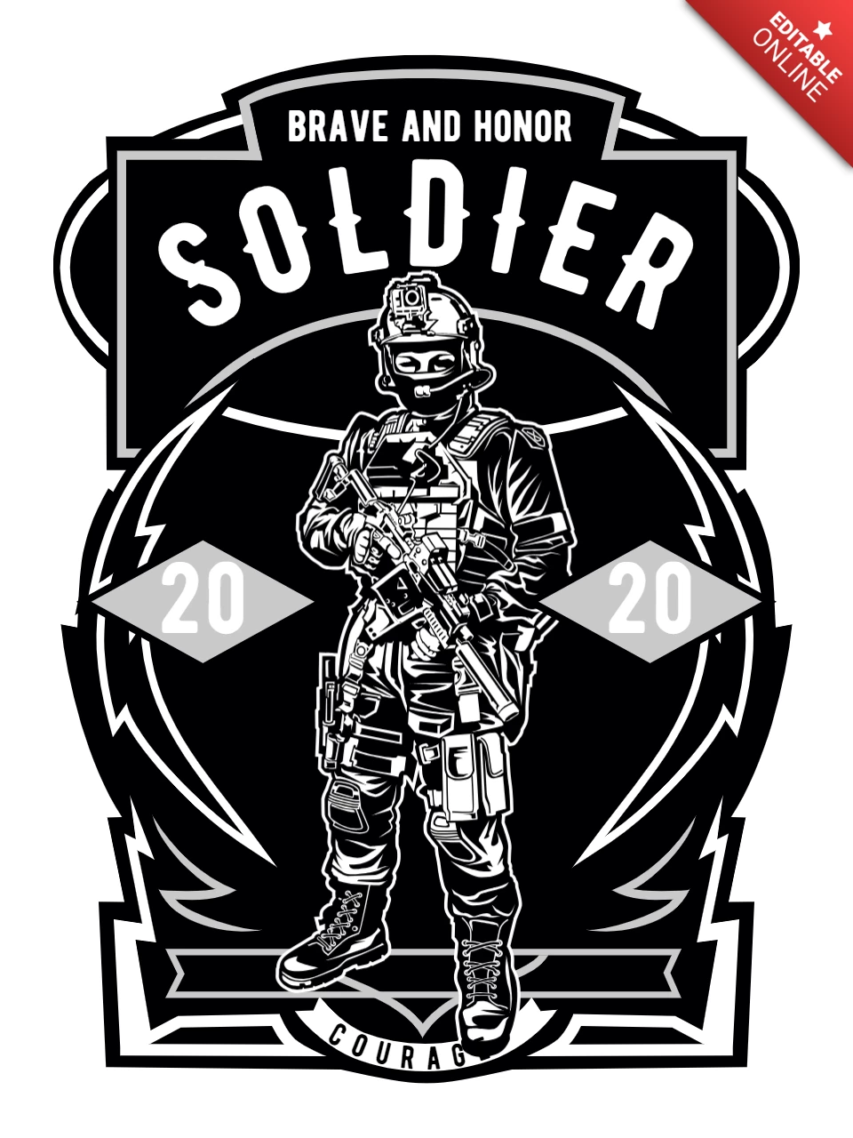 Military Brave Soldier Character T-Shirt Design Template