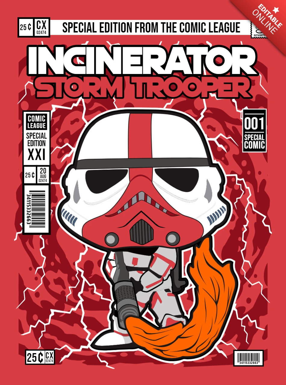 Incinerator Storm Trooper Cartoon Character Magazine Cover Design Template