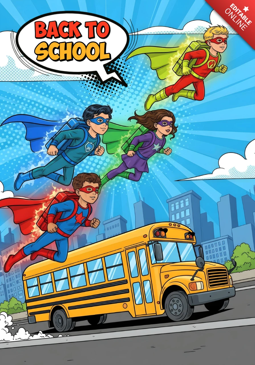 Retour à l'école, enfants super-héros volant au-dessus d'un bus scolaire avec un arrière-plan de ville et un modèle de design d'affiche en bande dessinée.