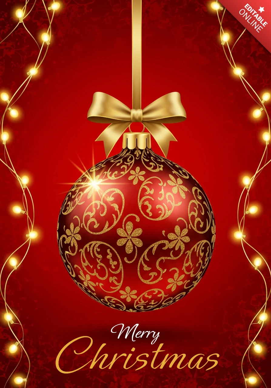 Póster de Navidad feliz con adorno dorado y luces, decoración festiva para el hogar.
