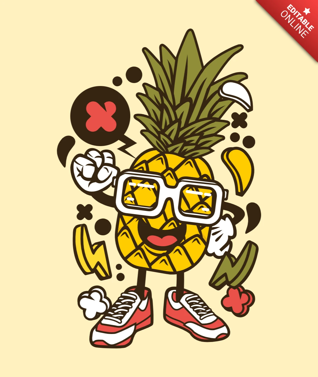 T-Shirt-Designvorlage mit Ananas-Cartoon-Figur