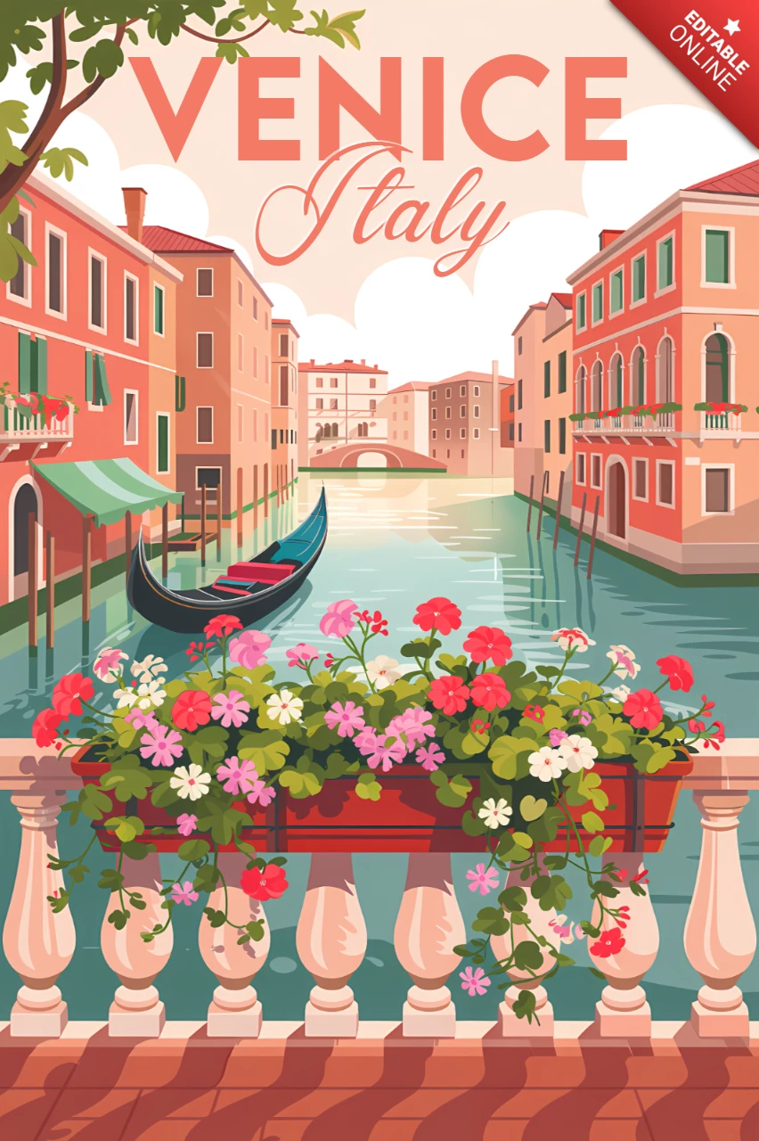 ベネチア、イタリアのゴンドラのヴィンテージイラスト、印刷可能なポスターテンプレート用