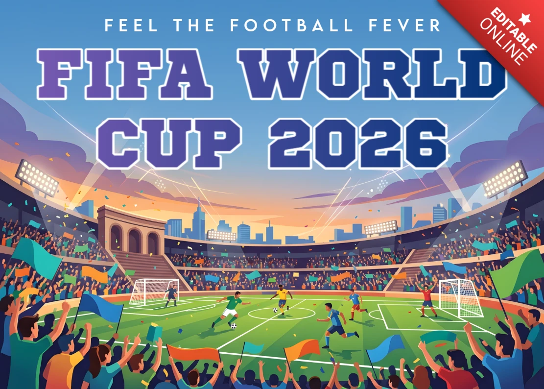 Design del poster della Coppa del Mondo FIFA 2026 con stadio di calcio e scena di celebrazione dei tifosi