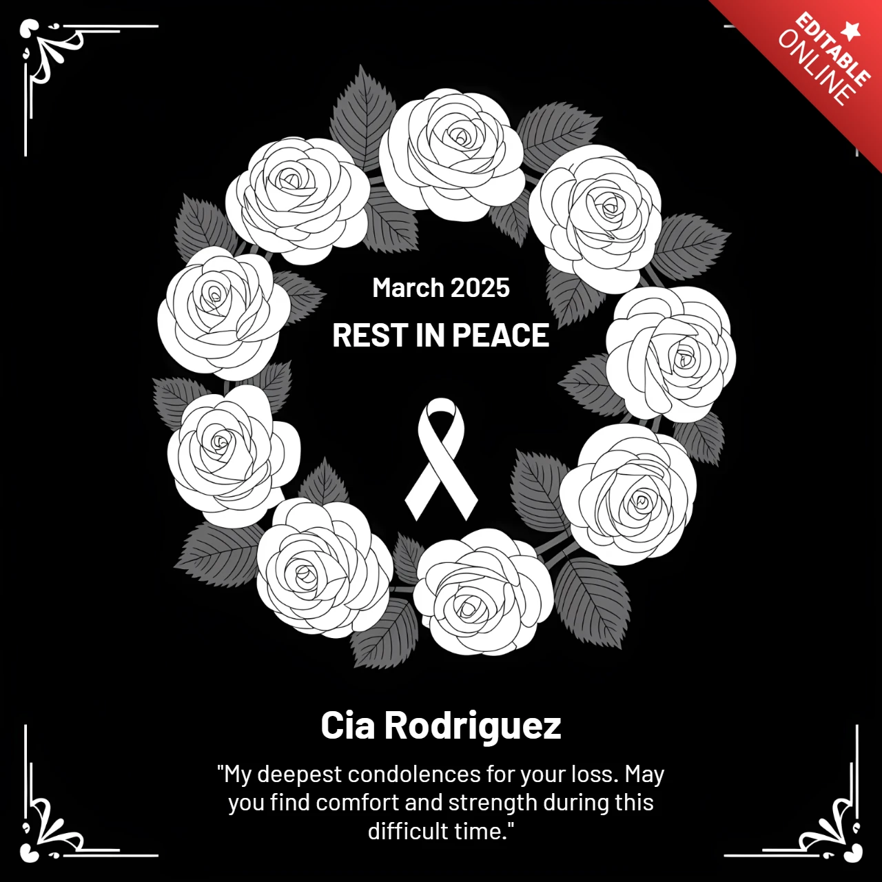 Floral Wreath Design Template for Memorial Cards with Roses and Ribbon