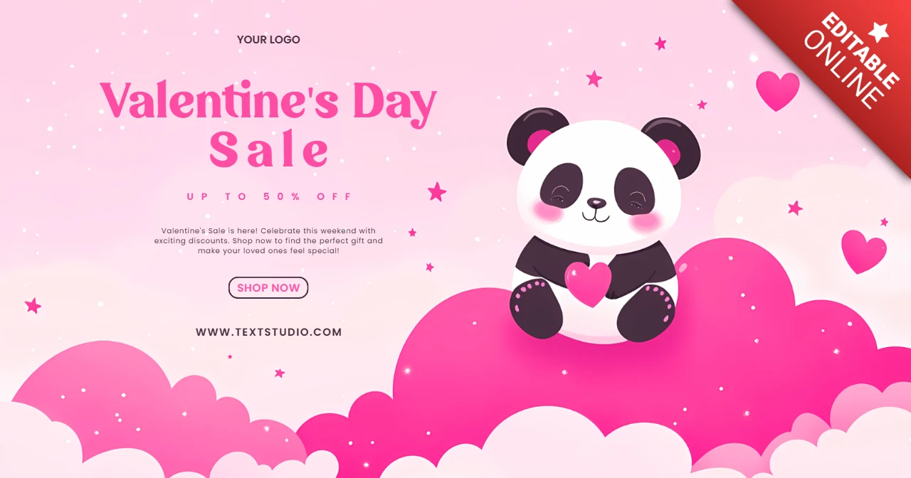 Bannière de vente pour la Saint-Valentin avec un panda mignon et des cœurs