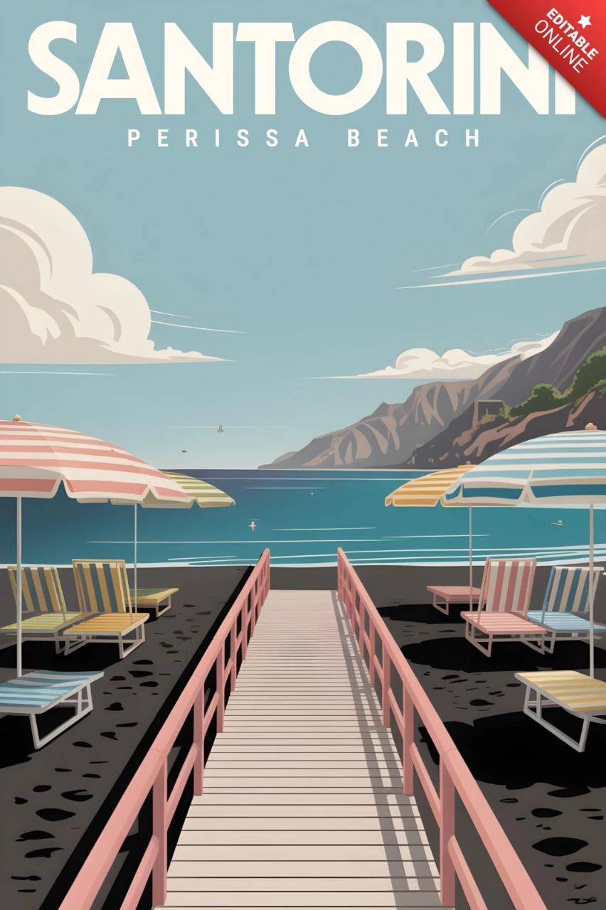 Perissa Beach with Volcanic Sand and Boardwalk View Santorini Travel Posters Design Template