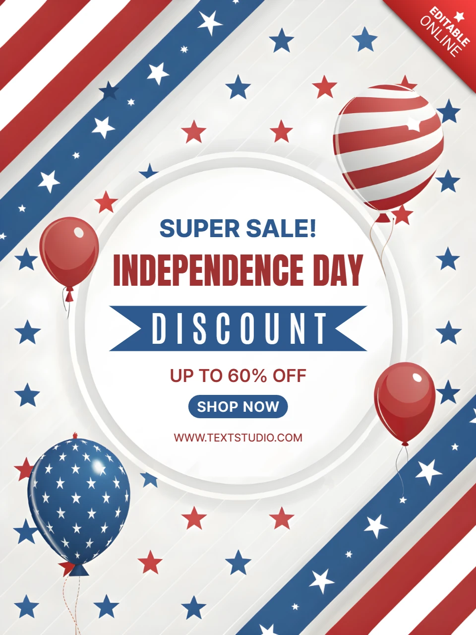 Independence Day Sale Template with 3D Balloons and Stars Design