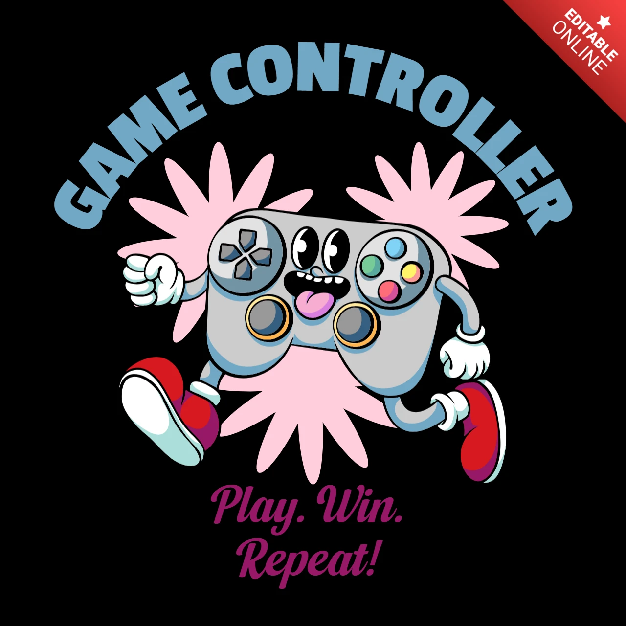 ¡Juega, gana, repite! plantilla de diseño de camiseta de personaje de controlador de juego energético