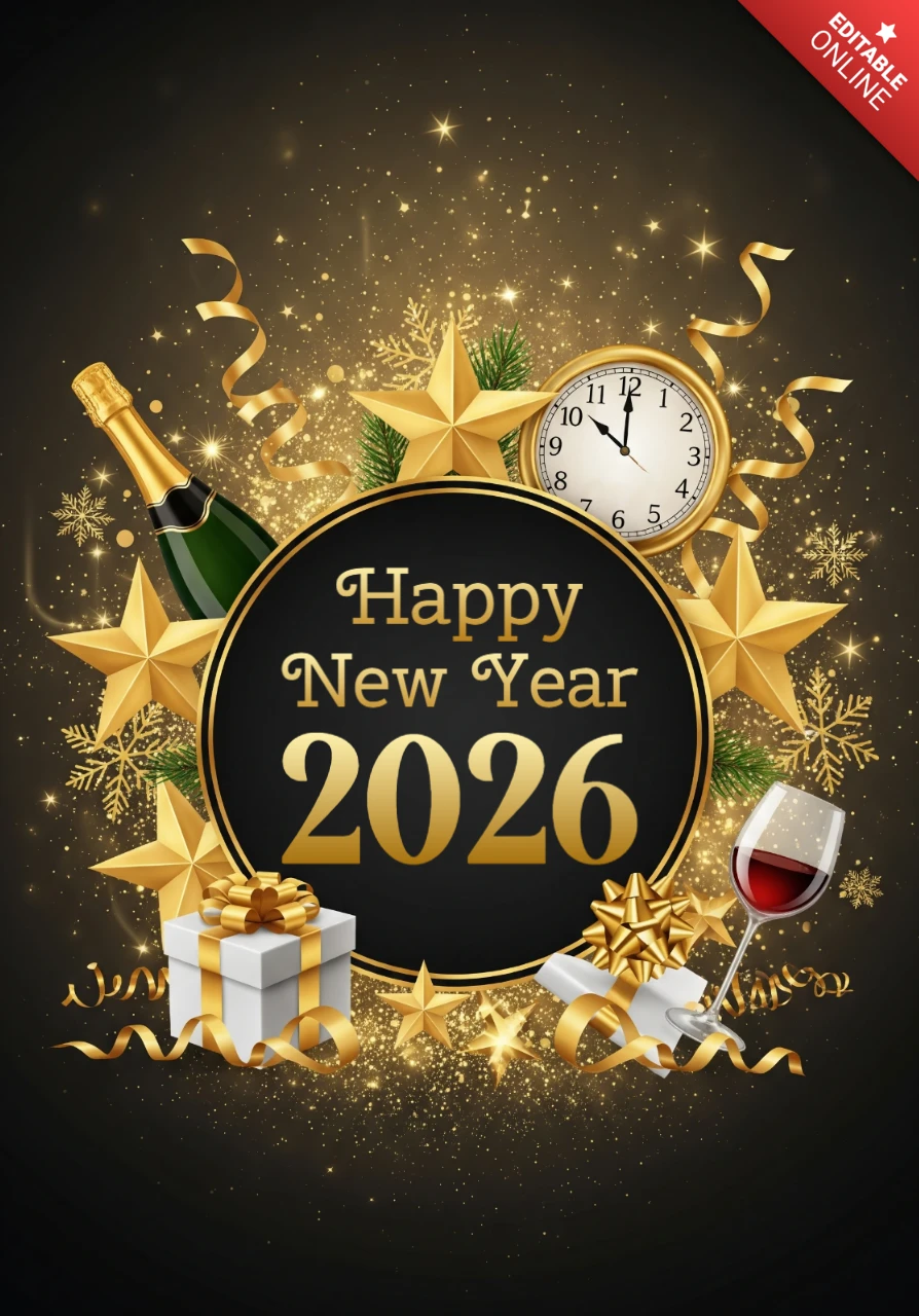 Modèle de vœux pour la nouvelle année 2026 carte de célébration avec décorations dorées et thème de toast de minuit