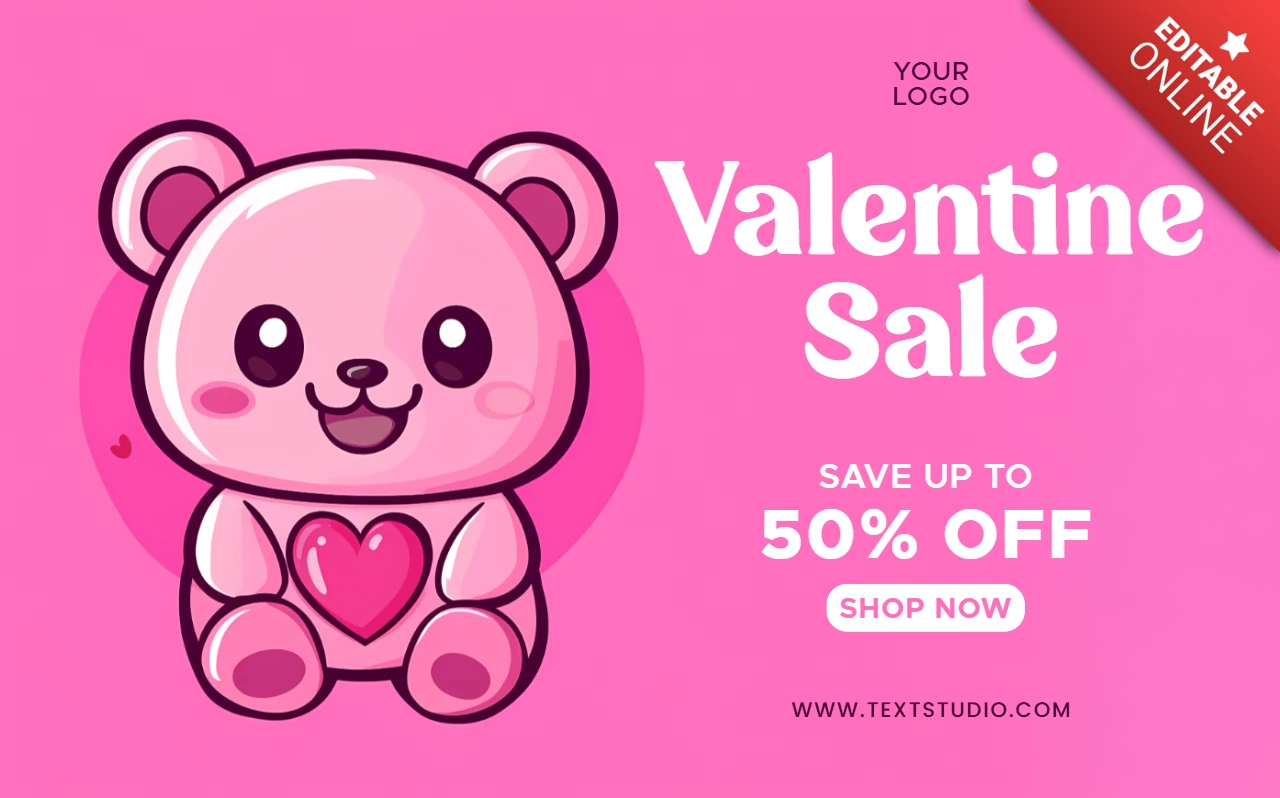 Plantilla de diseño de rebajas de San Valentín para bonitas promociones: ¡ahorra hasta un 50% de descuento!