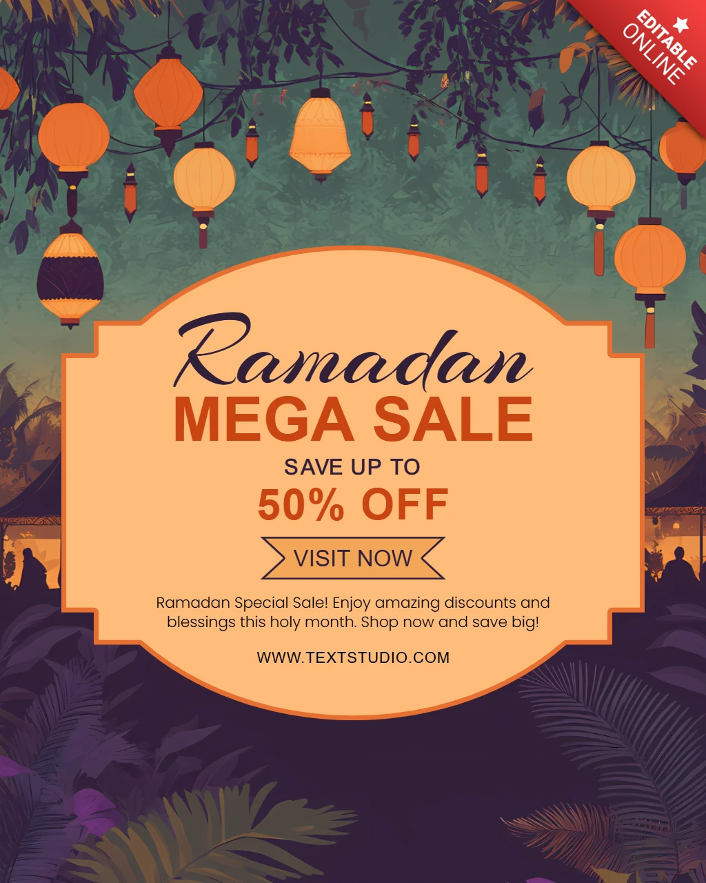 Ramadan Verkauf Designvorlage mit festlichen Laternen und tropischen Vibes