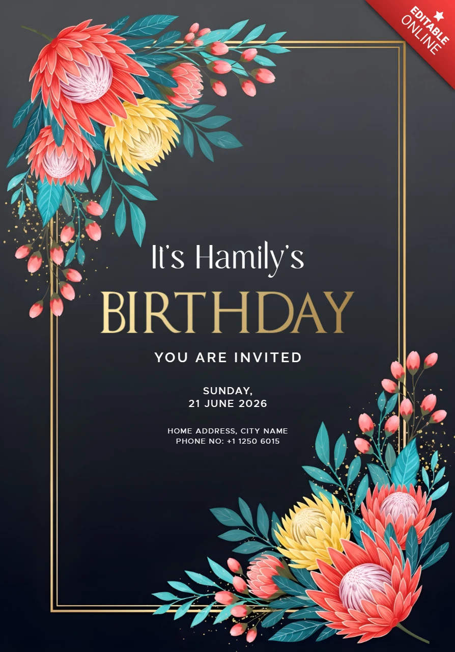 Modello di invito di compleanno floreale con eleganti elementi botanici
