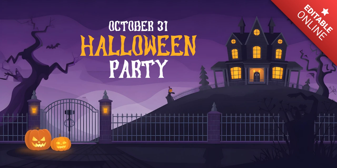 Spooky Halloween Night Twisted Trees, Glowing Windows & Eerie Path Facebook Cover Design Template