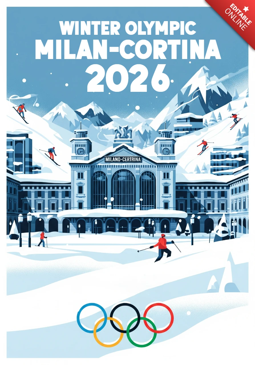 Winterolympiade-Plakat Mailand-Cortina 2026 mit Skifahrern, Snowboardern und architektonischem Charme