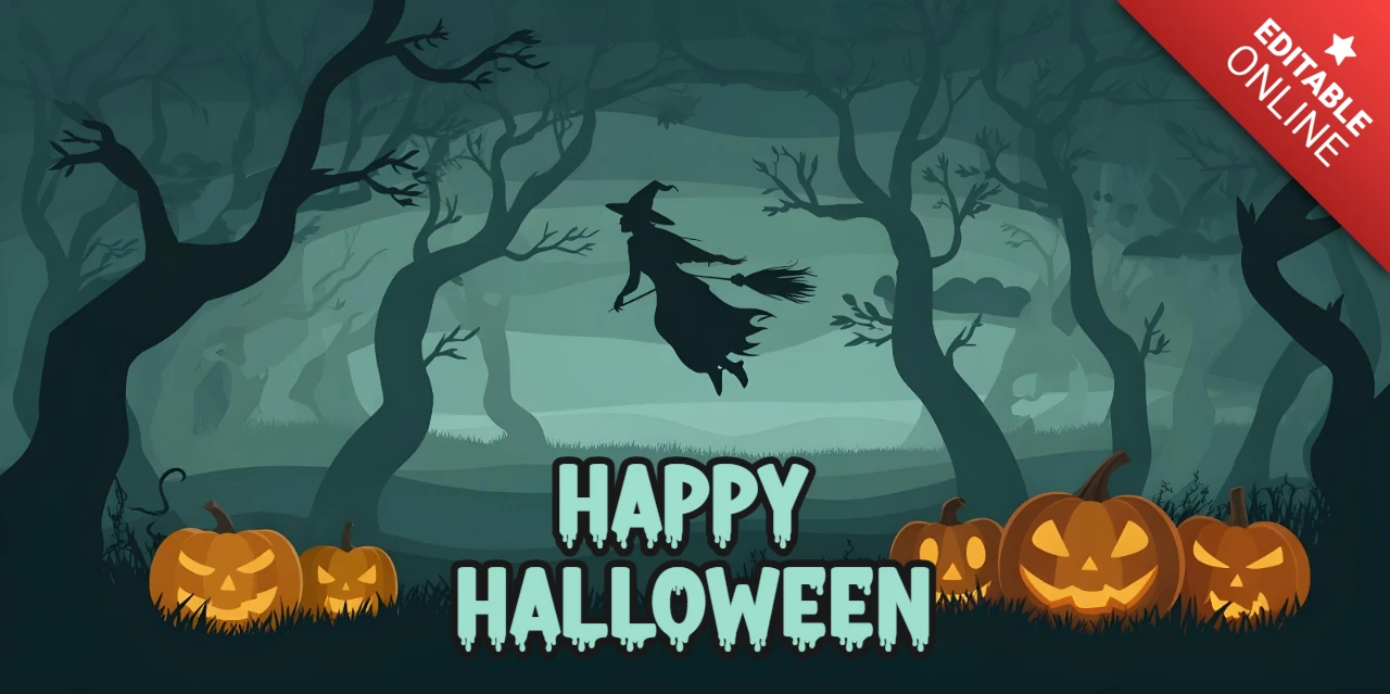 Halloween Nacht Hexe im Flug, leuchtende Kürbisse & stilisierte Gruß Facebook Cover Design Vorlage