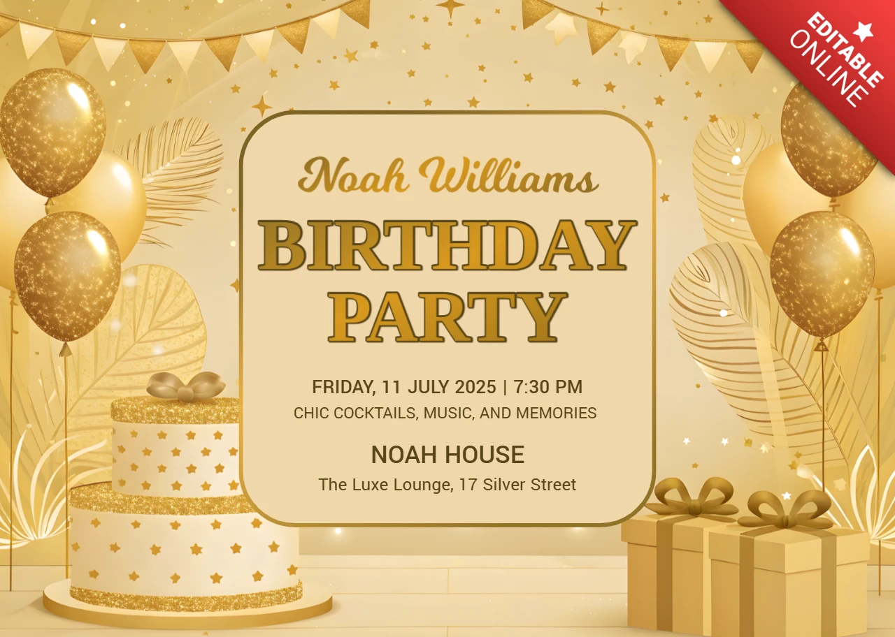 Elegant Gold and White Birthday Party Invitation Template Design