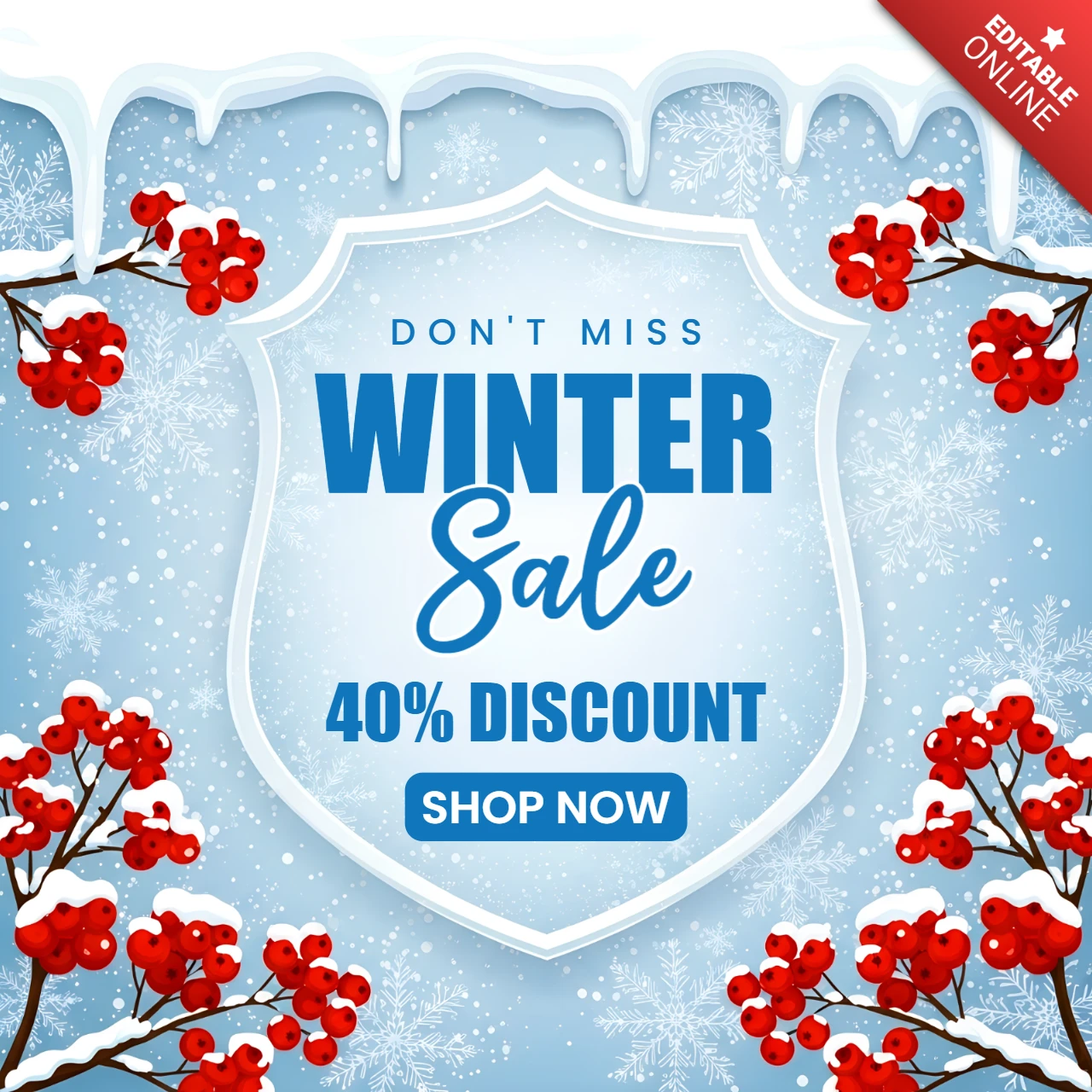 Wintersale-Designvorlage mit Schneeflocken und Beeren für Werbeplakate
