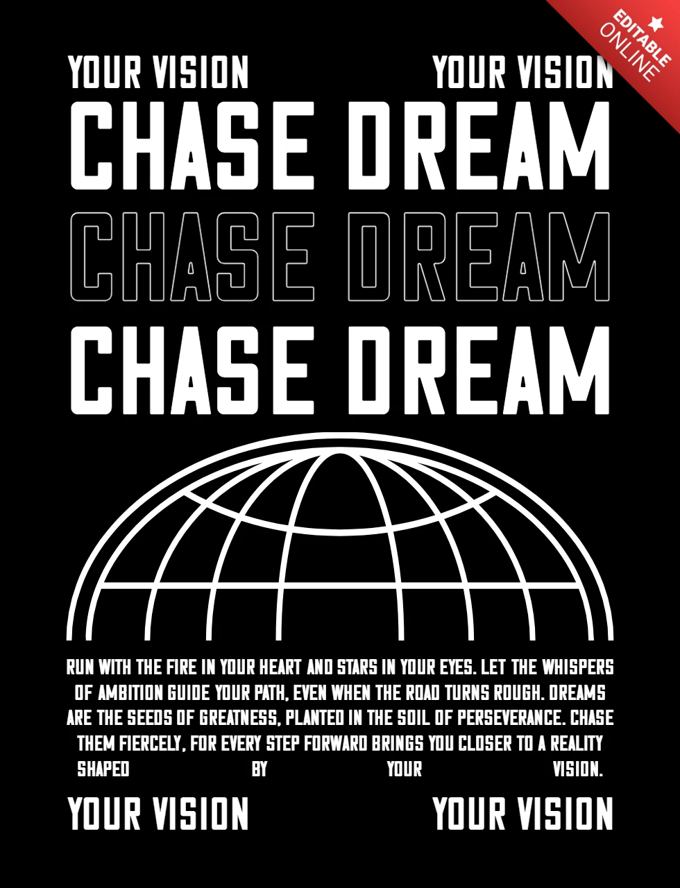 Plantéate tus sueños diseño de camiseta con tipografía motivacional en negrita, símbolo de globo y cita visionaria.