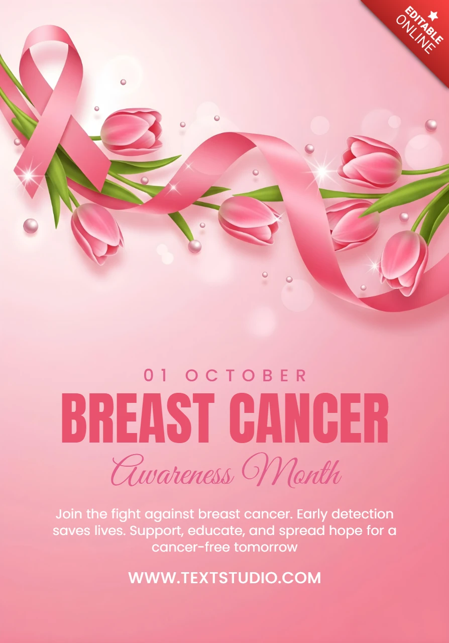 Inspirational Breast Cancer Awareness Tulips, Ribbon & Hopeful Message for October Poster Design Template