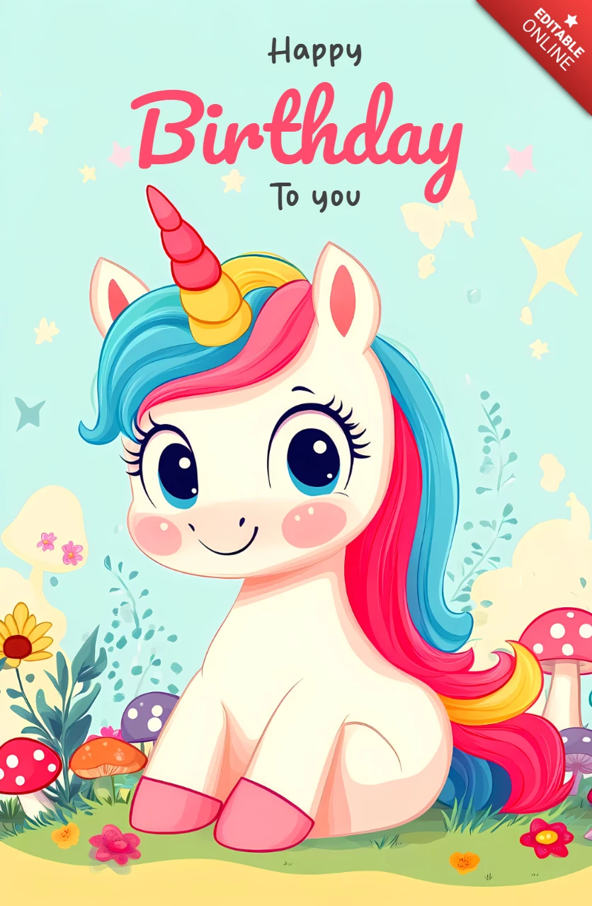 Plantilla editable de tarjeta de cumpleaños de unicornio para niños